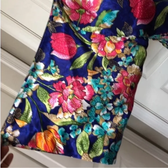 Vintage California Dynasty Robe Floral Kimono USA Blue Satin Pocket Flowers Long