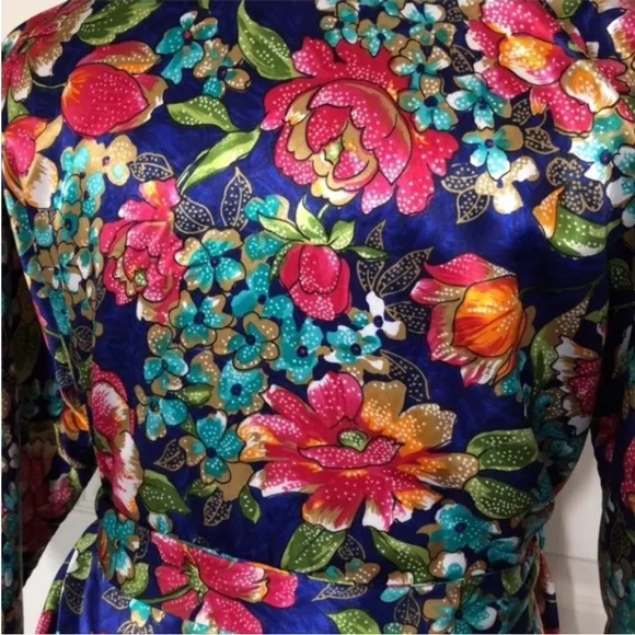 Vintage California Dynasty Robe Floral Kimono USA Blue Satin Pocket Flowers Long