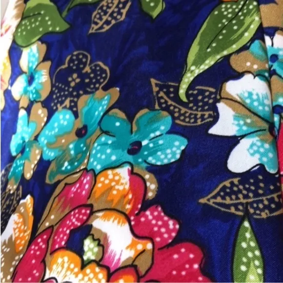 Vintage California Dynasty Robe Floral Kimono USA Blue Satin Pocket Flowers Long