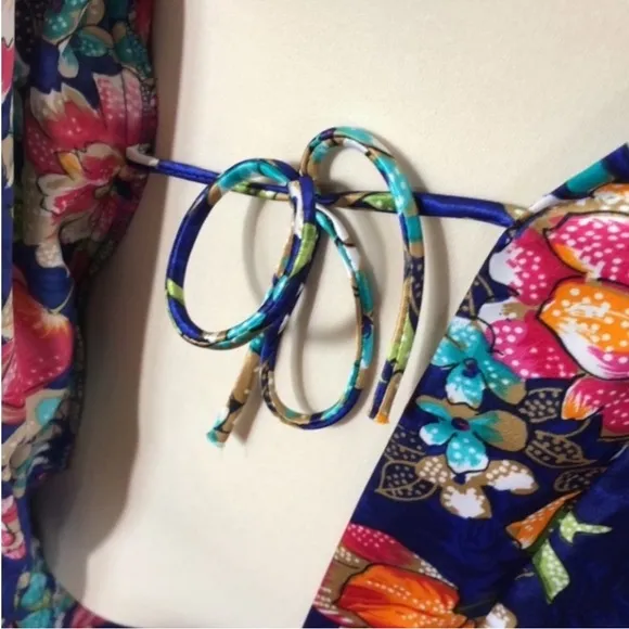 Vintage California Dynasty Robe Floral Kimono USA Blue Satin Pocket Flowers Long