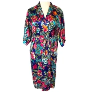Vintage California Dynasty Robe Floral Kimono USA Blue Satin Pocket Flowers Long