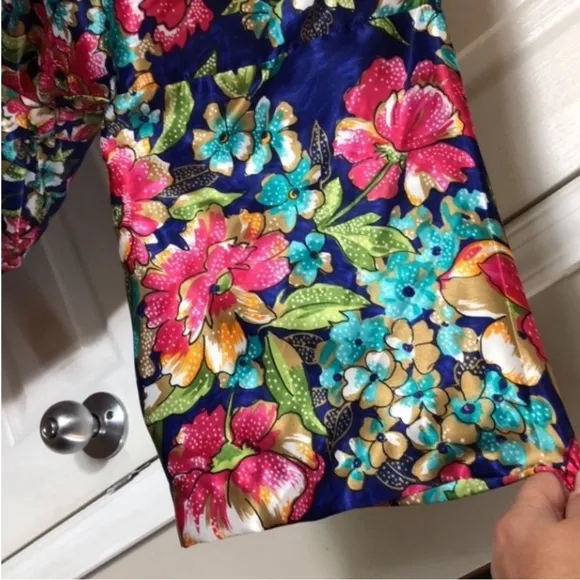 Vintage California Dynasty Robe Floral Kimono USA Blue Satin Pocket Flowers Long