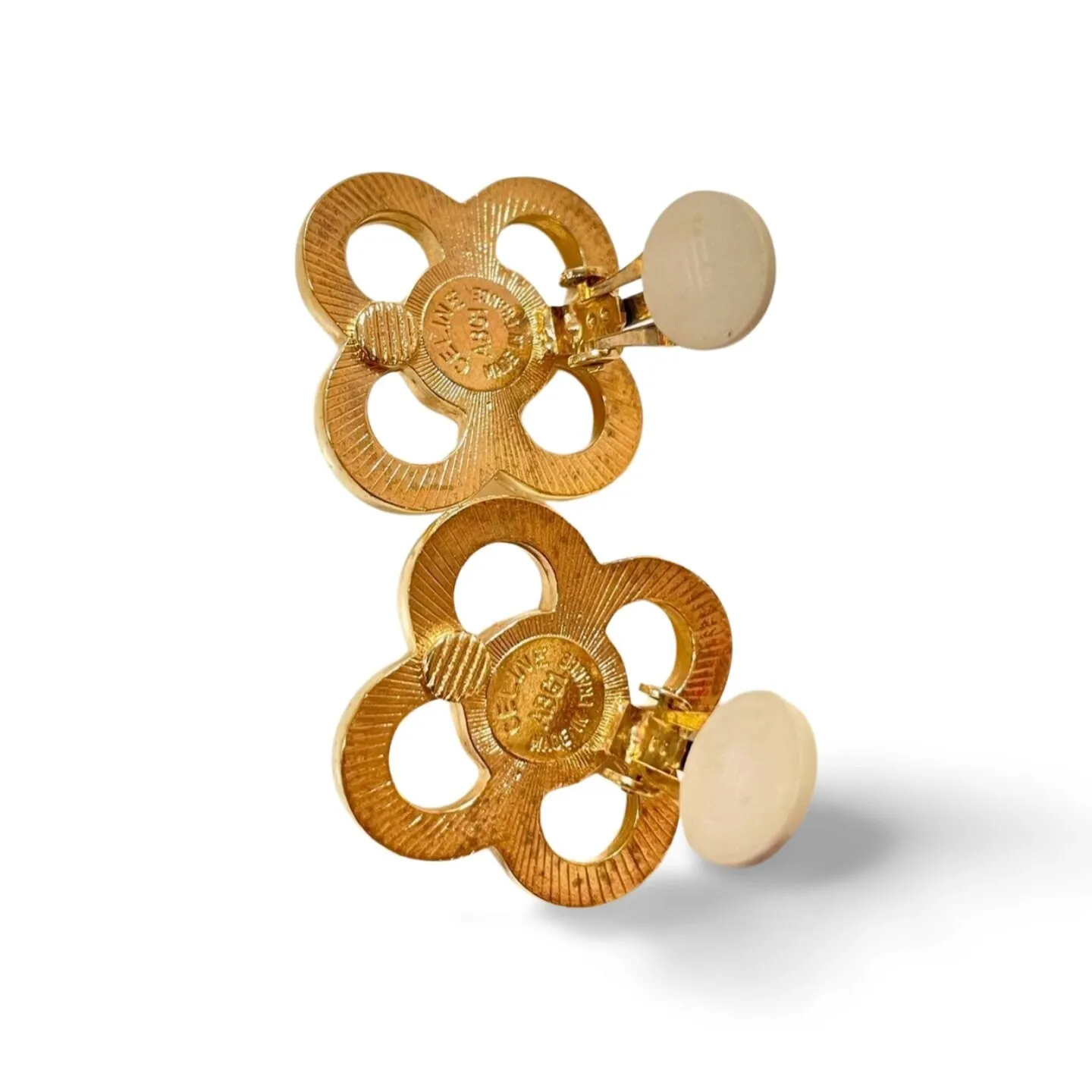 Vintage Celine golden clover, flower earrings with faux pearl. Classic jewelry piece back in the era. 060123ac12
