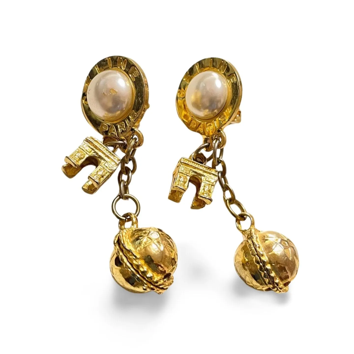 Vintage Celine golden round frame faux pearl dangle earrings with triomphe and golden ball charm. 060114ya2