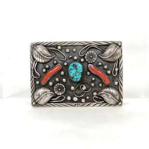 Vintage Navajo Turquoise Coral Branch Sterling Silver Western Belt Buckle