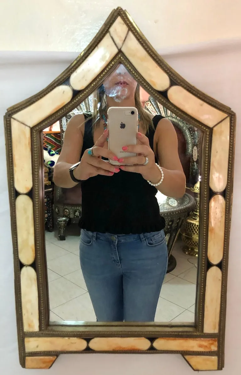 Wall or Vanity Mirror, Natural Camel Bone & Brass Inlay