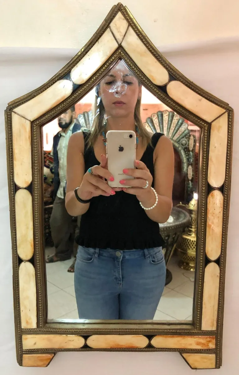 Wall or Vanity Mirror, Natural Camel Bone & Brass Inlay