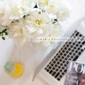 White Peonies, Cocktail & Laptop. Digital Image