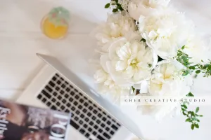 White Peonies, Laptop & Cocktail. Digital Image