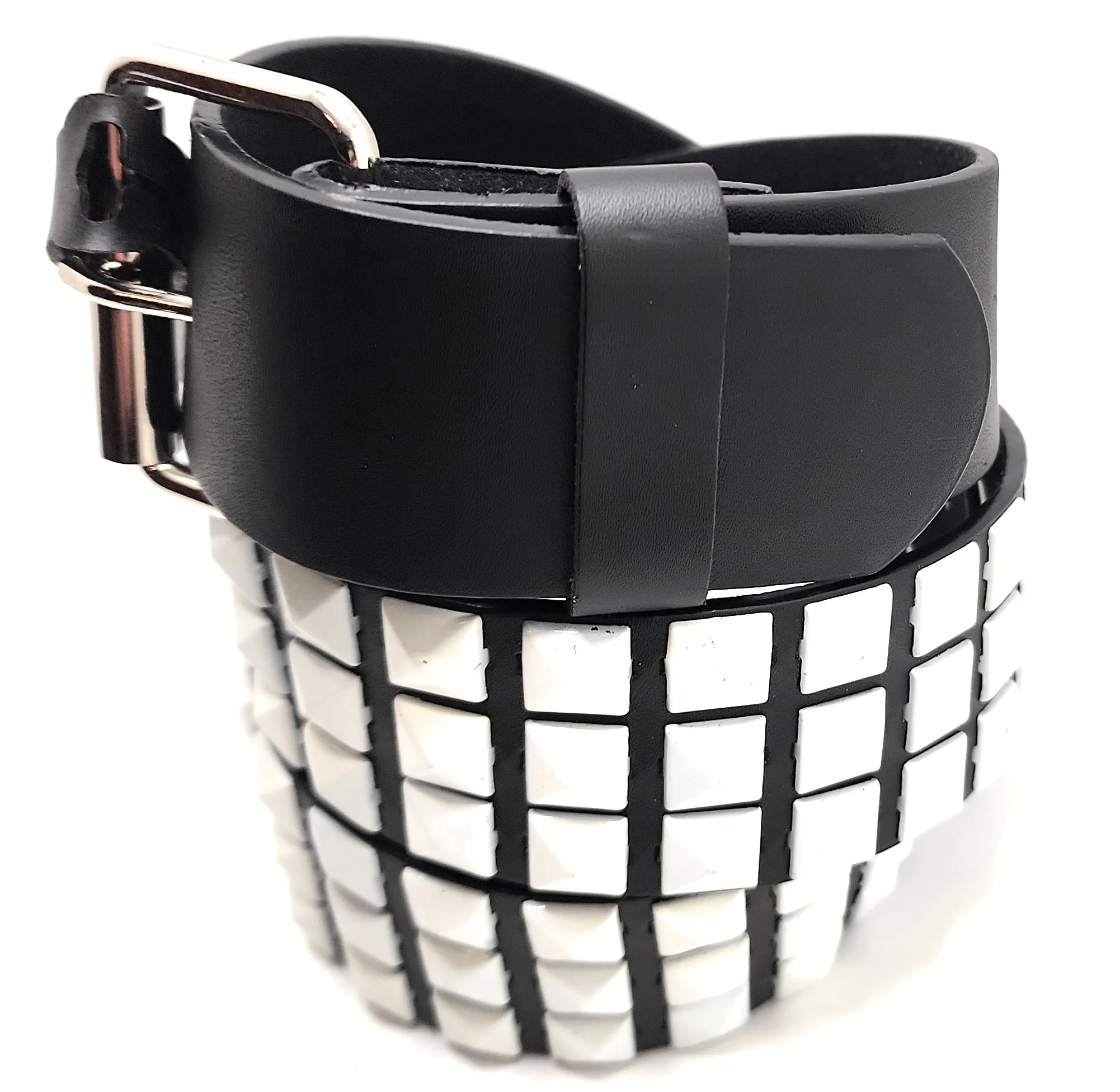 White Studs on Black Pyramid Studded Belt Chrome Hardware Punk