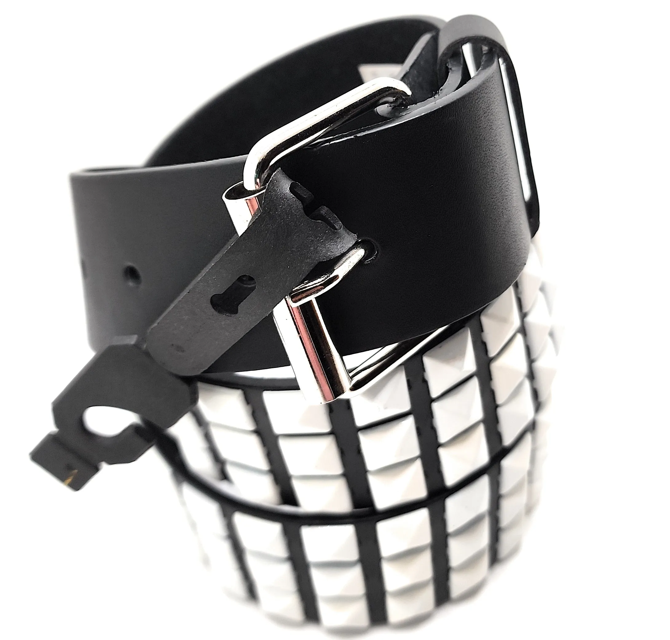 White Studs on Black Pyramid Studded Belt Chrome Hardware Punk