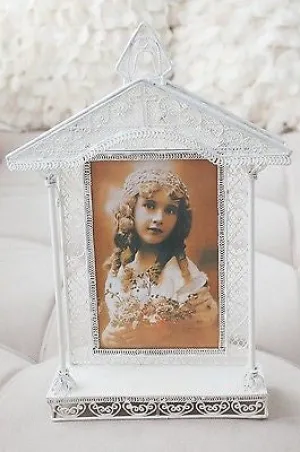 White Vintage Church House Wedding Metal Picture Frame Photo Favors 10.75"