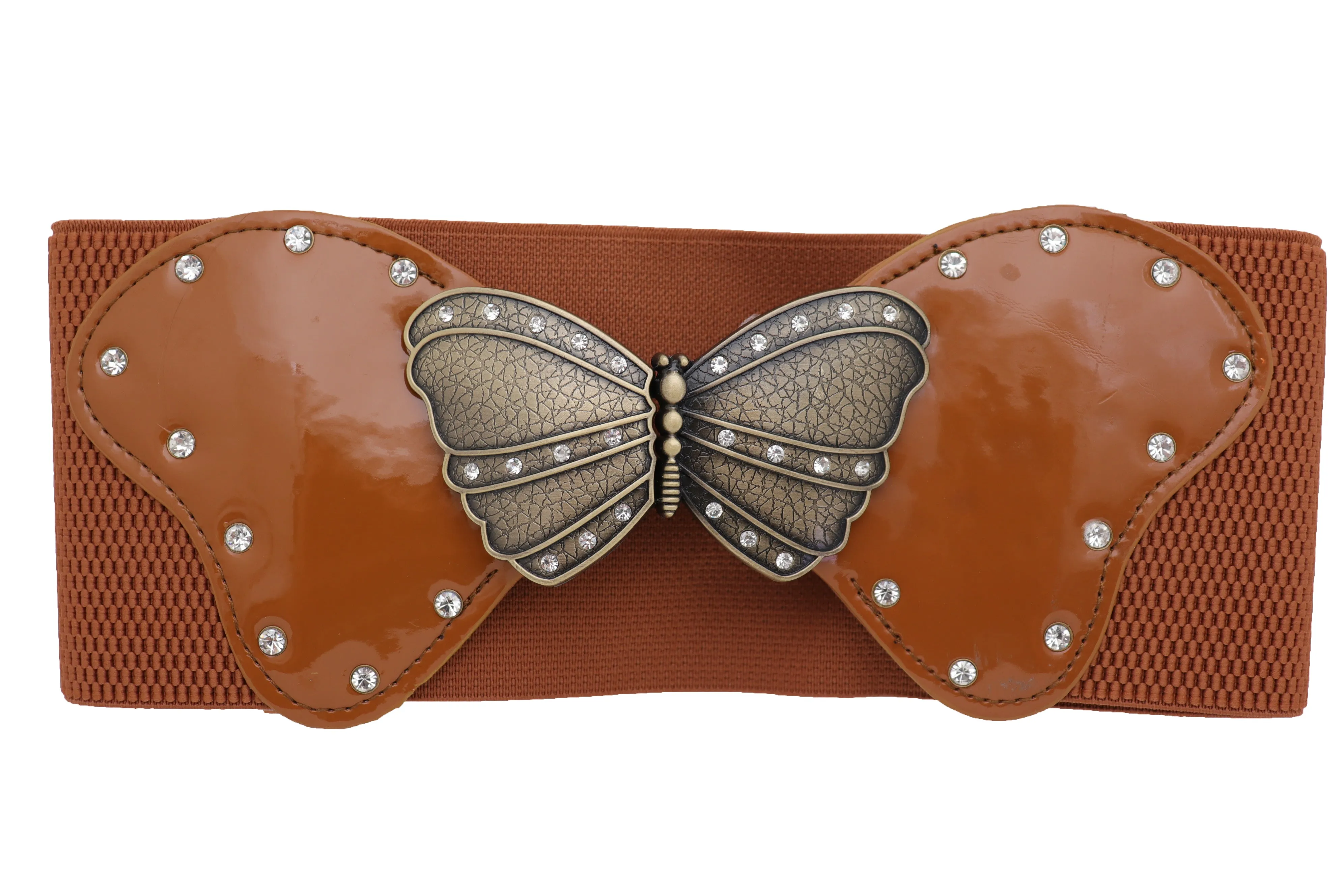Women Brown Elastic Wide Waistband Fashion Belt Bling Butterfly Buckle Size S M