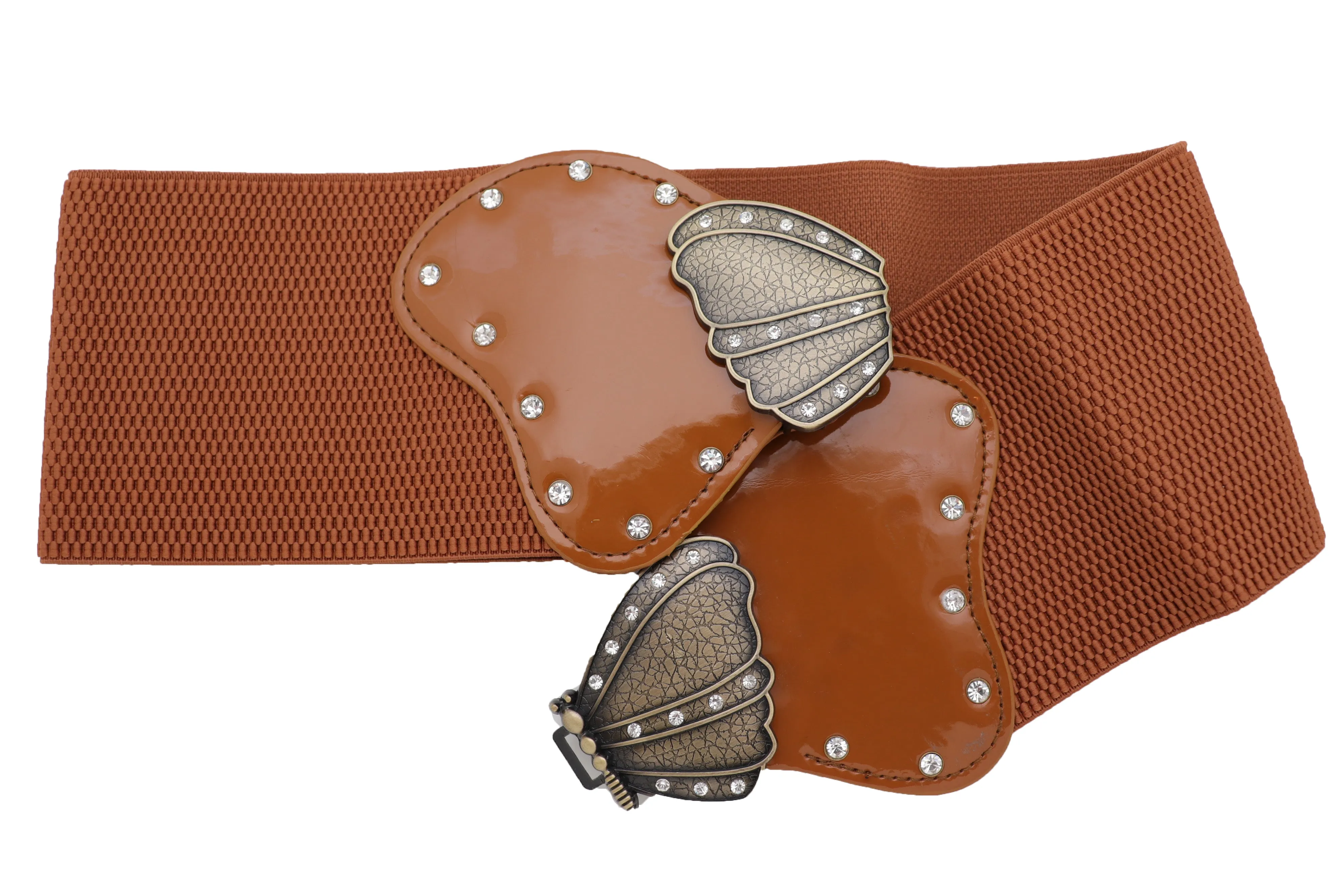 Women Brown Elastic Wide Waistband Fashion Belt Bling Butterfly Buckle Size S M