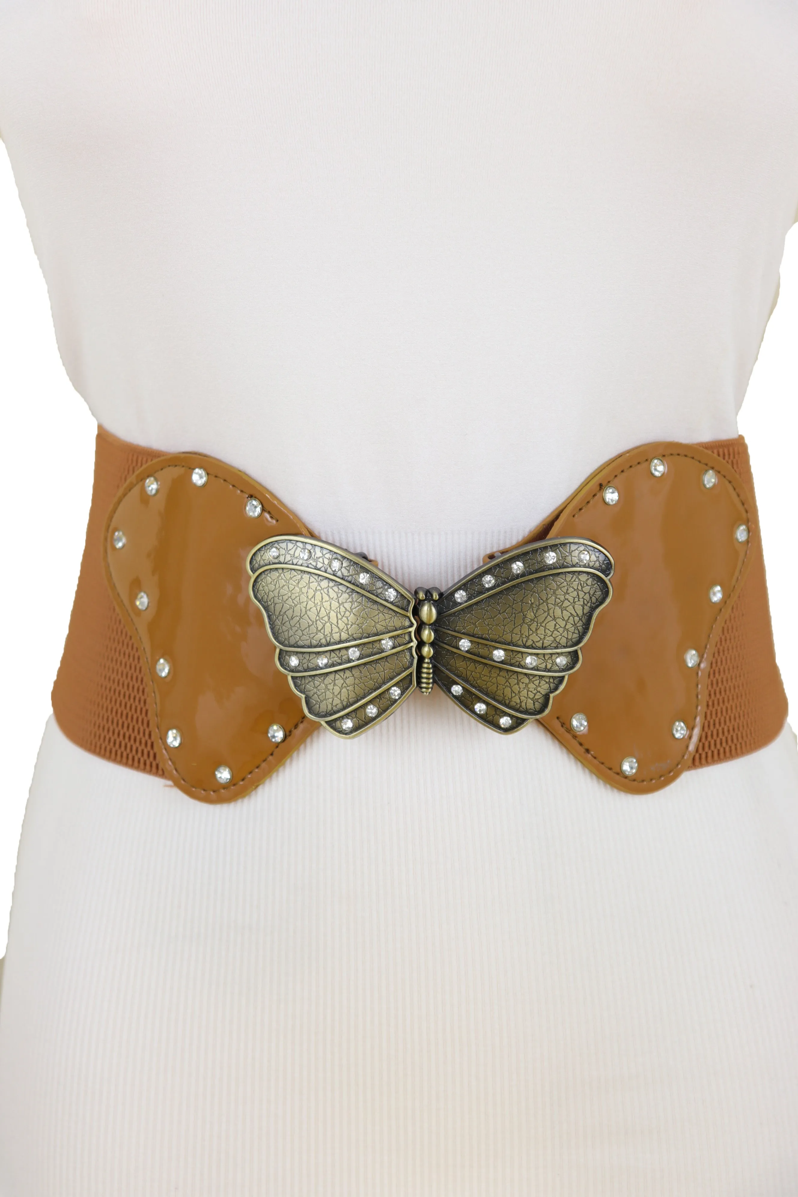 Women Brown Elastic Wide Waistband Fashion Belt Bling Butterfly Buckle Size S M