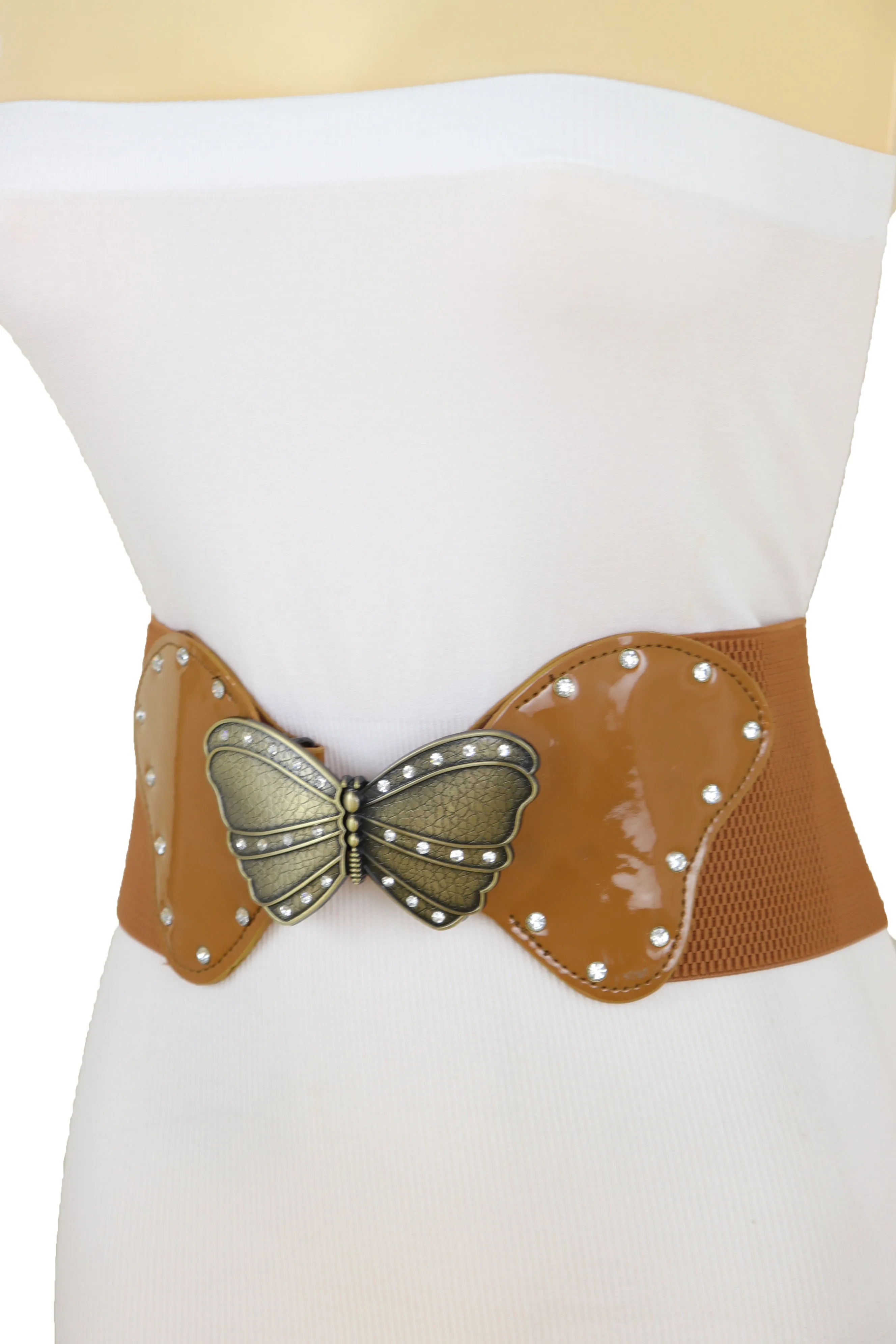 Women Brown Elastic Wide Waistband Fashion Belt Bling Butterfly Buckle Size S M