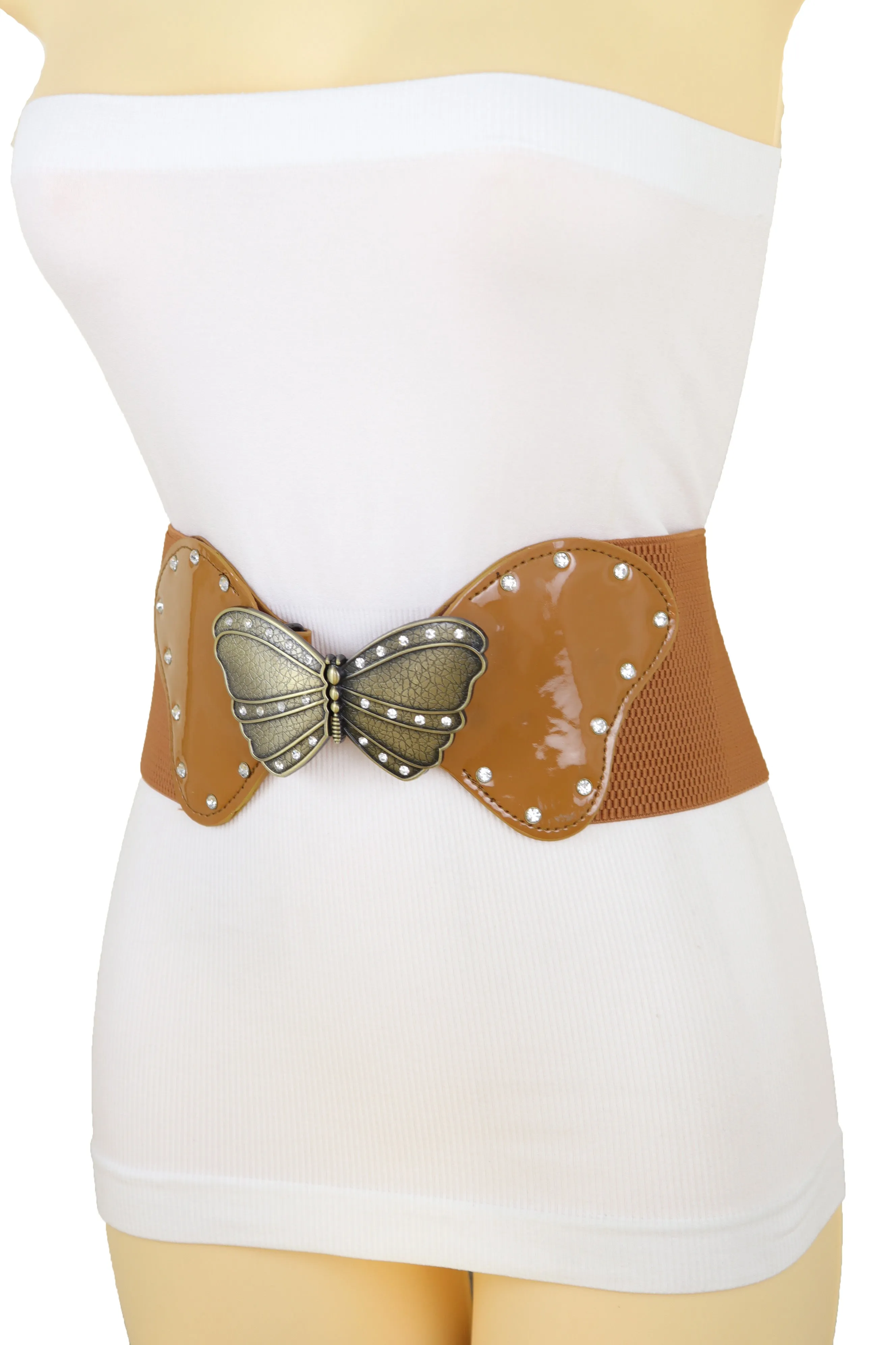 Women Brown Elastic Wide Waistband Fashion Belt Bling Butterfly Buckle Size S M