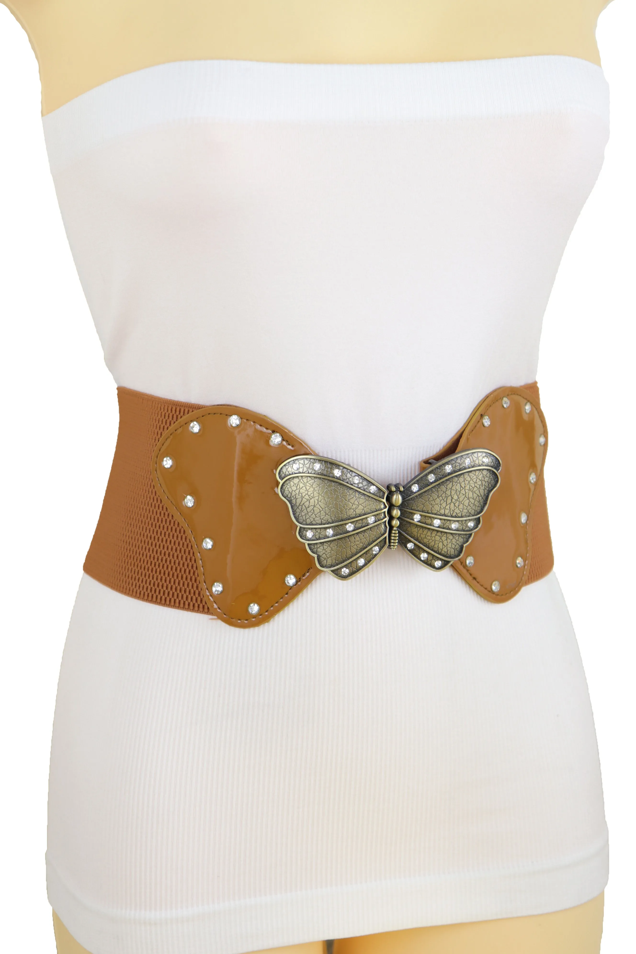 Women Brown Elastic Wide Waistband Fashion Belt Bling Butterfly Buckle Size S M