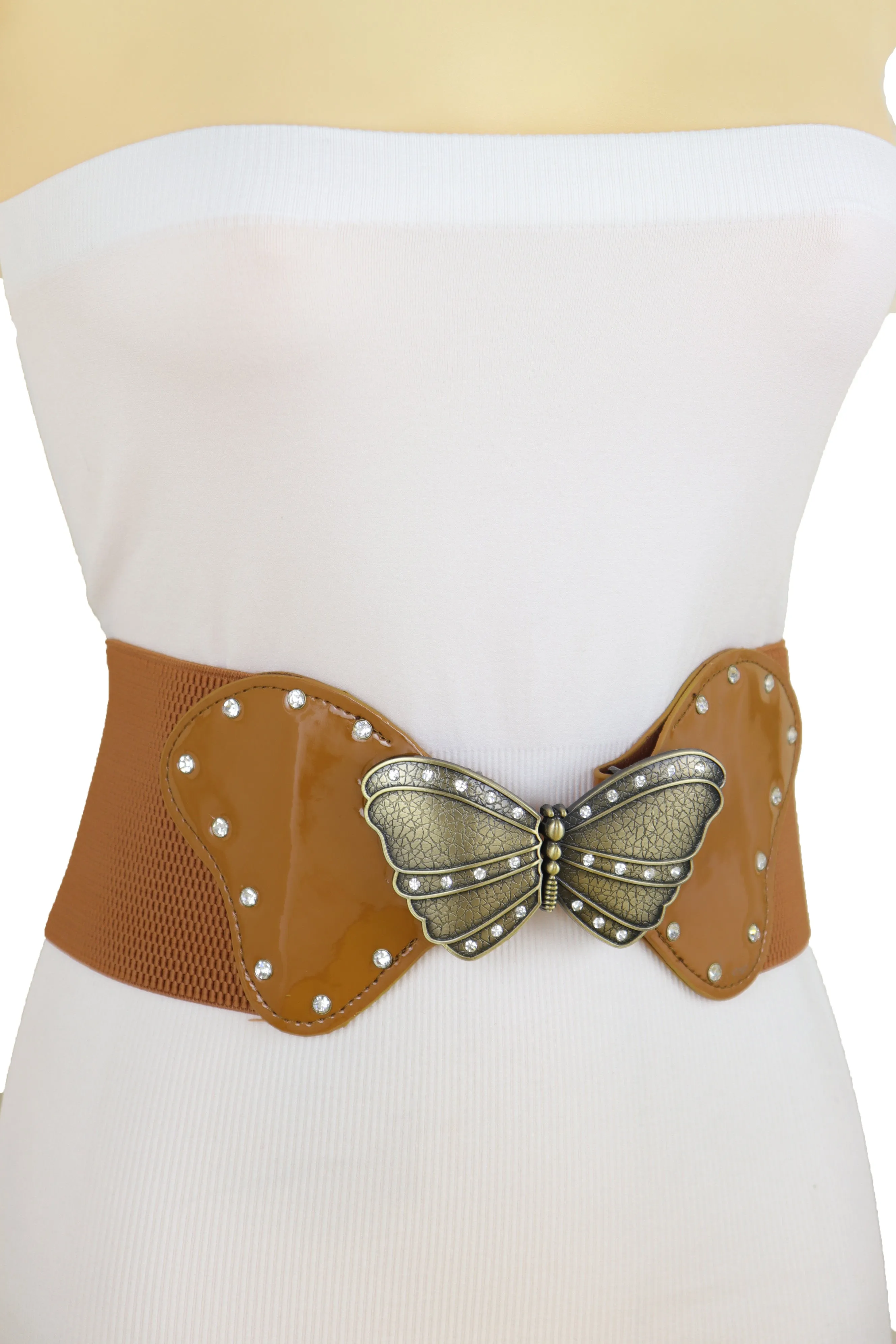 Women Brown Elastic Wide Waistband Fashion Belt Bling Butterfly Buckle Size S M