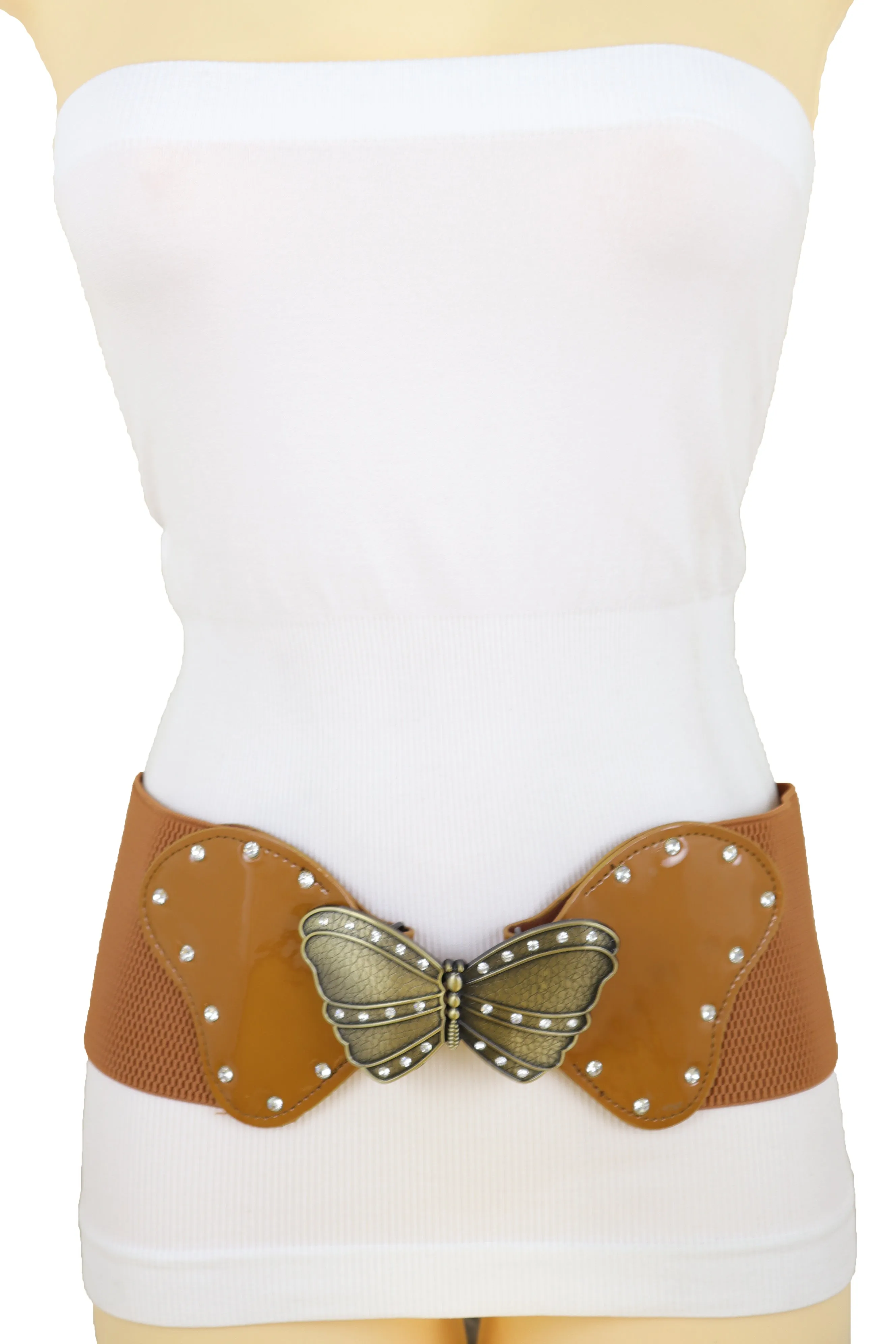 Women Brown Elastic Wide Waistband Fashion Belt Bling Butterfly Buckle Size S M