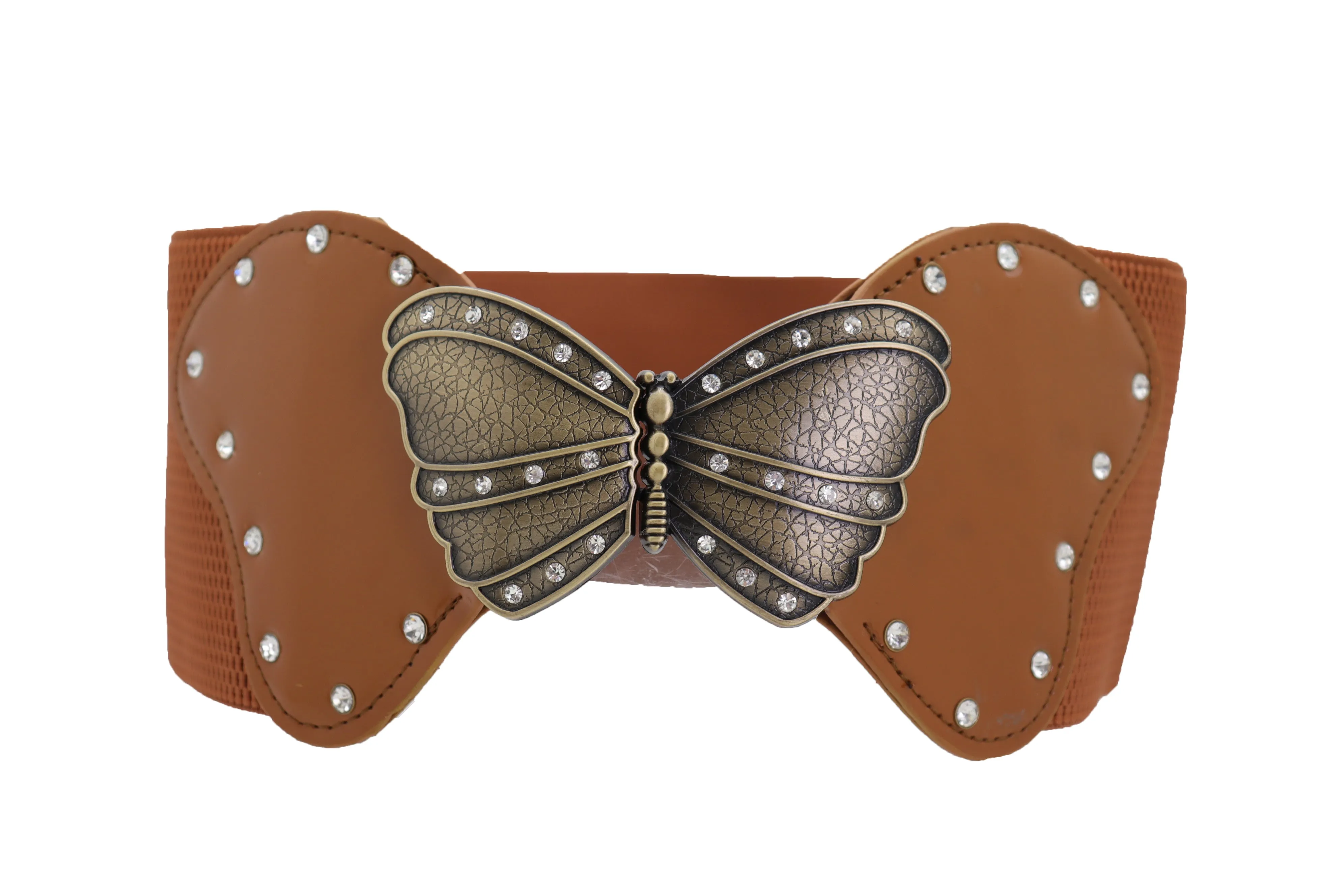 Women Brown Elastic Wide Waistband Fashion Belt Bling Butterfly Buckle Size S M