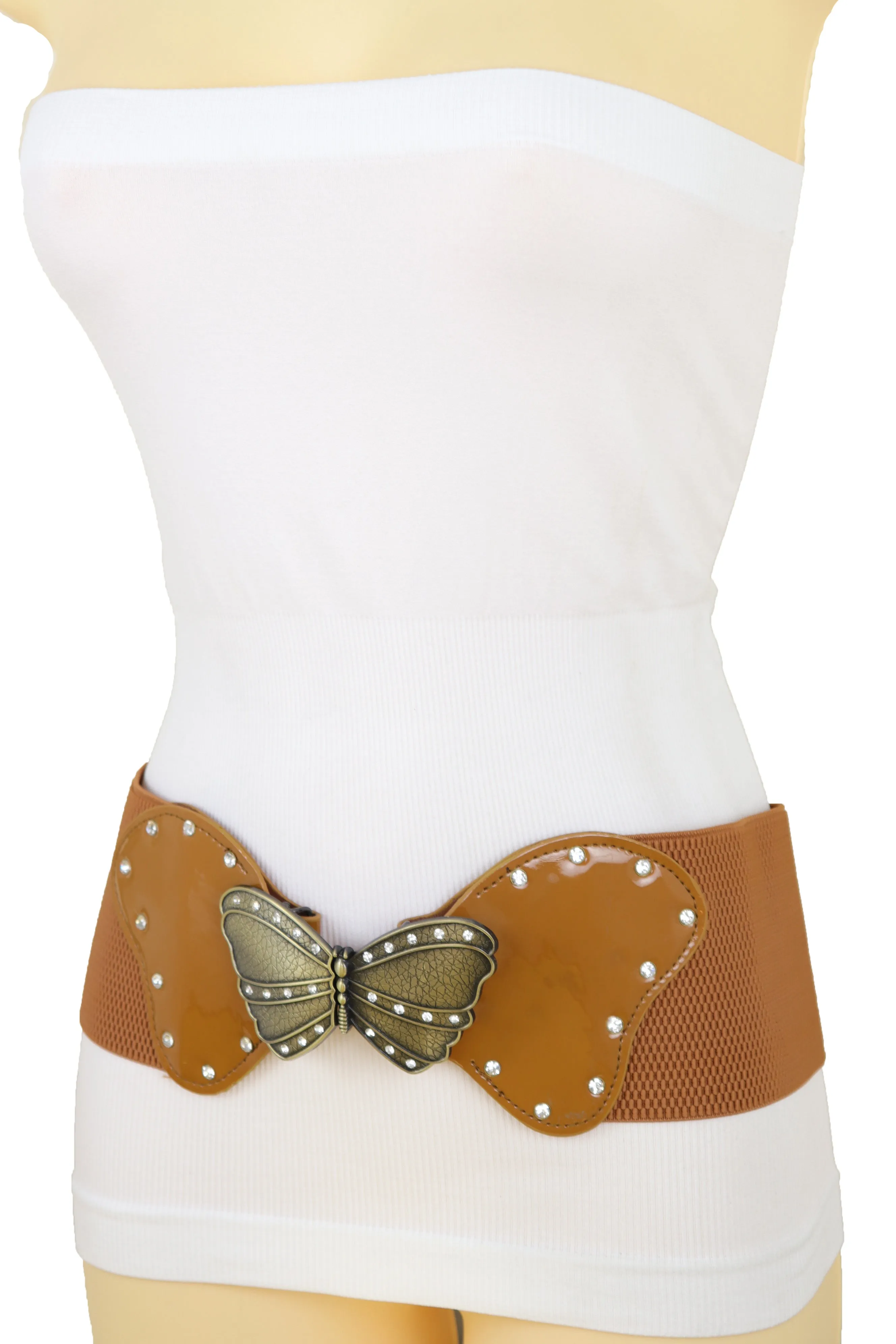 Women Brown Elastic Wide Waistband Fashion Belt Bling Butterfly Buckle Size S M