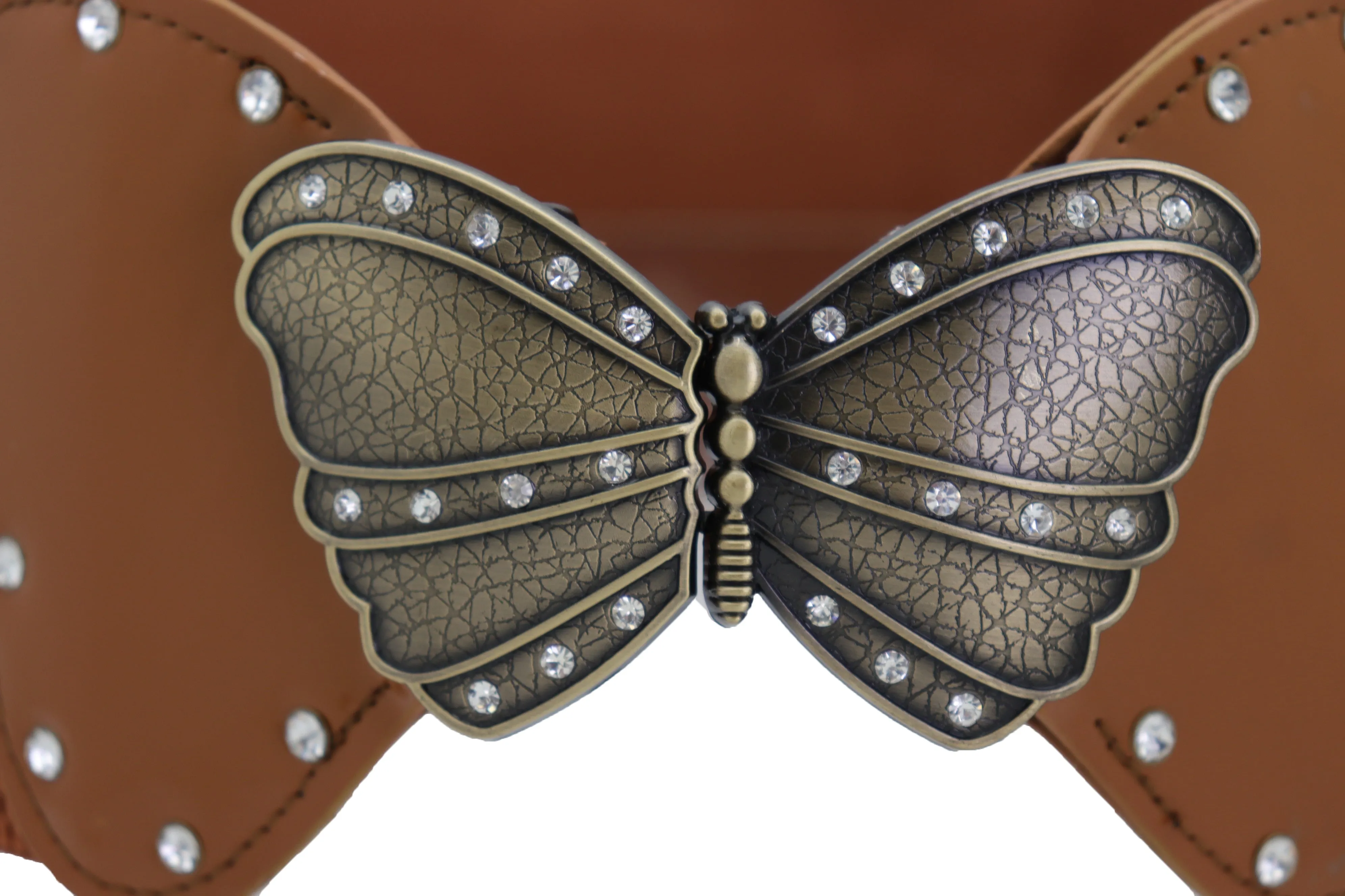 Women Brown Elastic Wide Waistband Fashion Belt Bling Butterfly Buckle Size S M