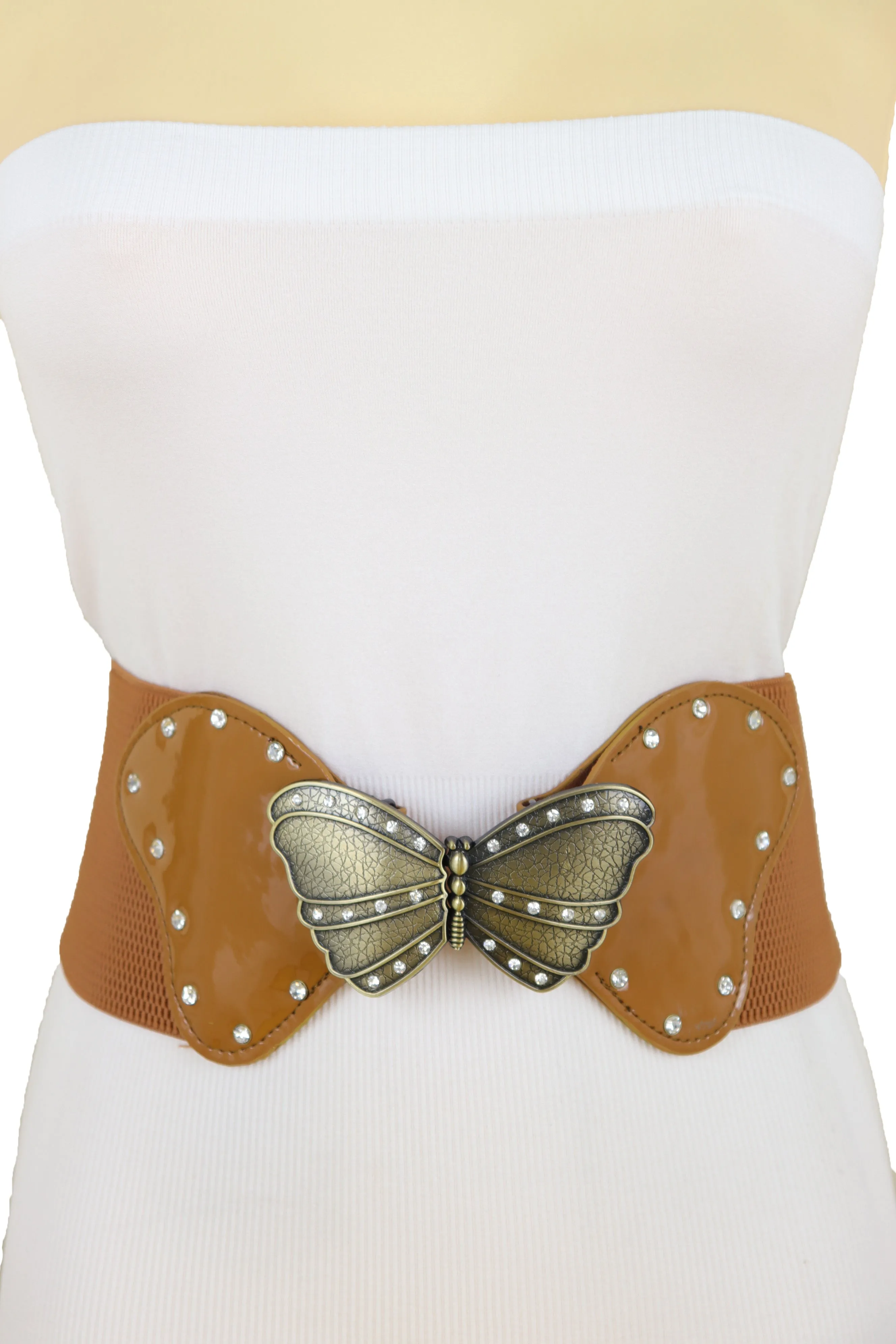 Women Brown Elastic Wide Waistband Fashion Belt Bling Butterfly Buckle Size S M