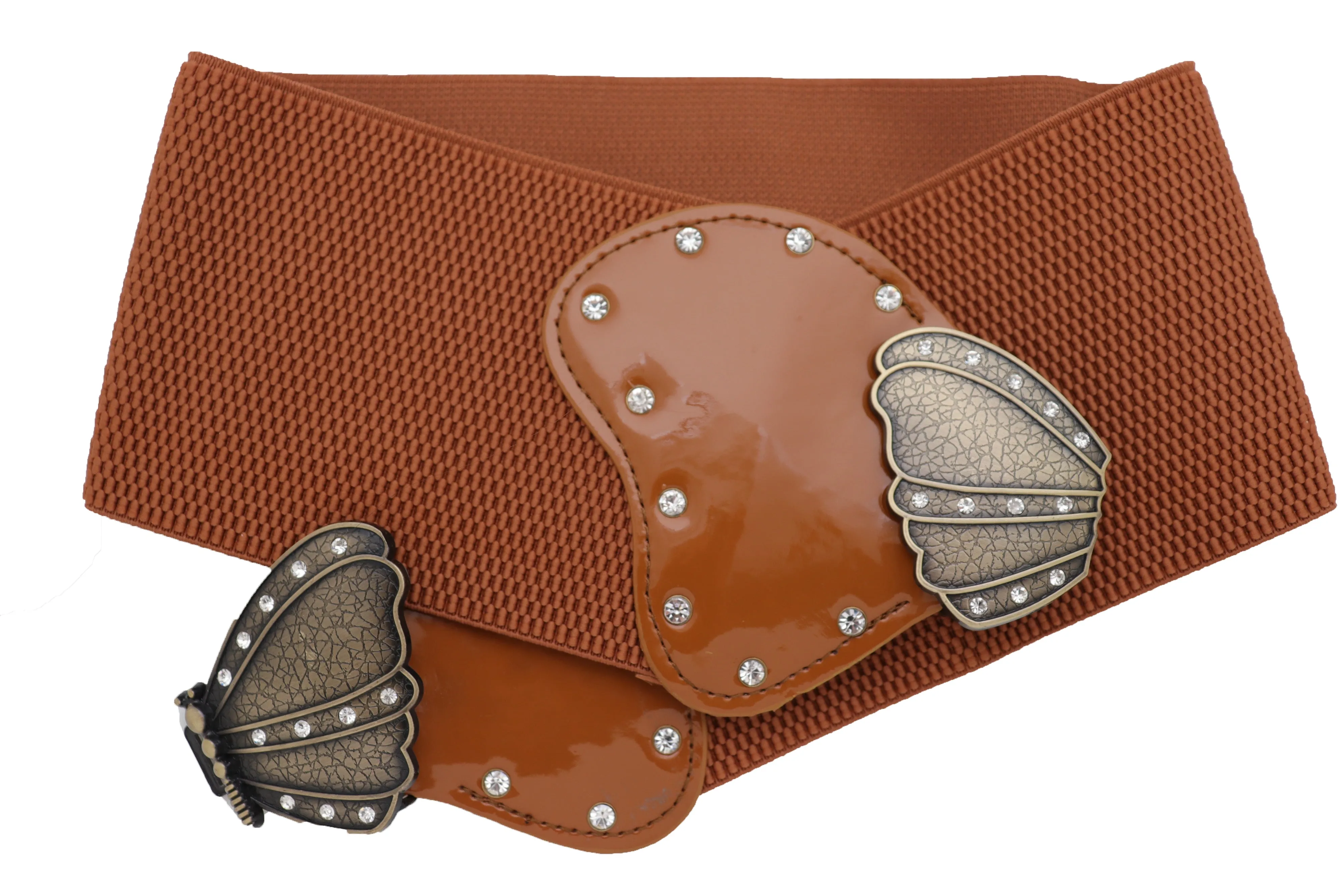 Women Brown Elastic Wide Waistband Fashion Belt Bling Butterfly Buckle Size S M