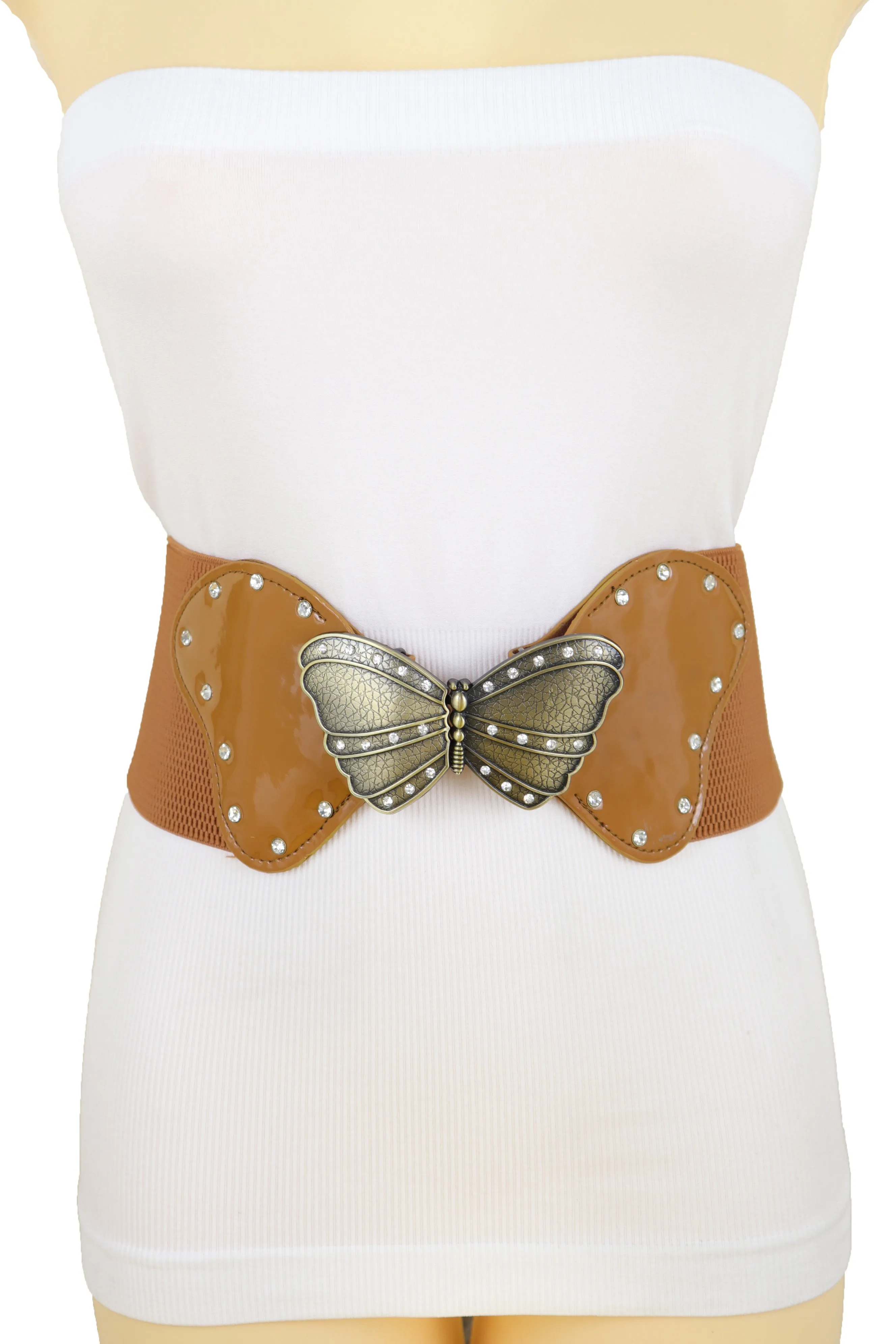 Women Brown Elastic Wide Waistband Fashion Belt Bling Butterfly Buckle Size S M