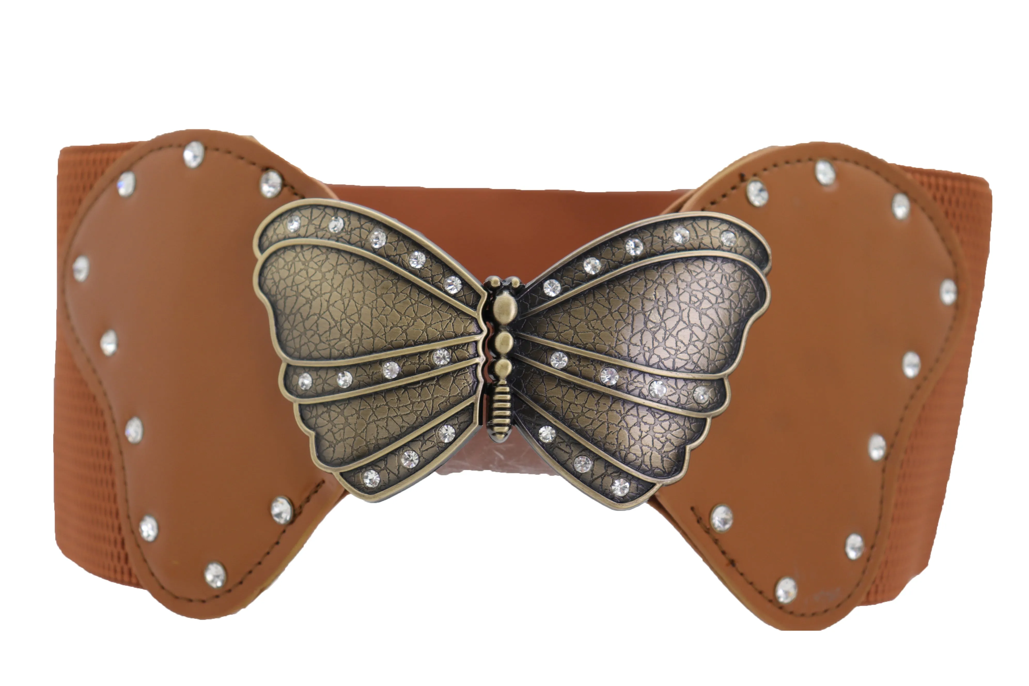 Women Brown Elastic Wide Waistband Fashion Belt Bling Butterfly Buckle Size S M