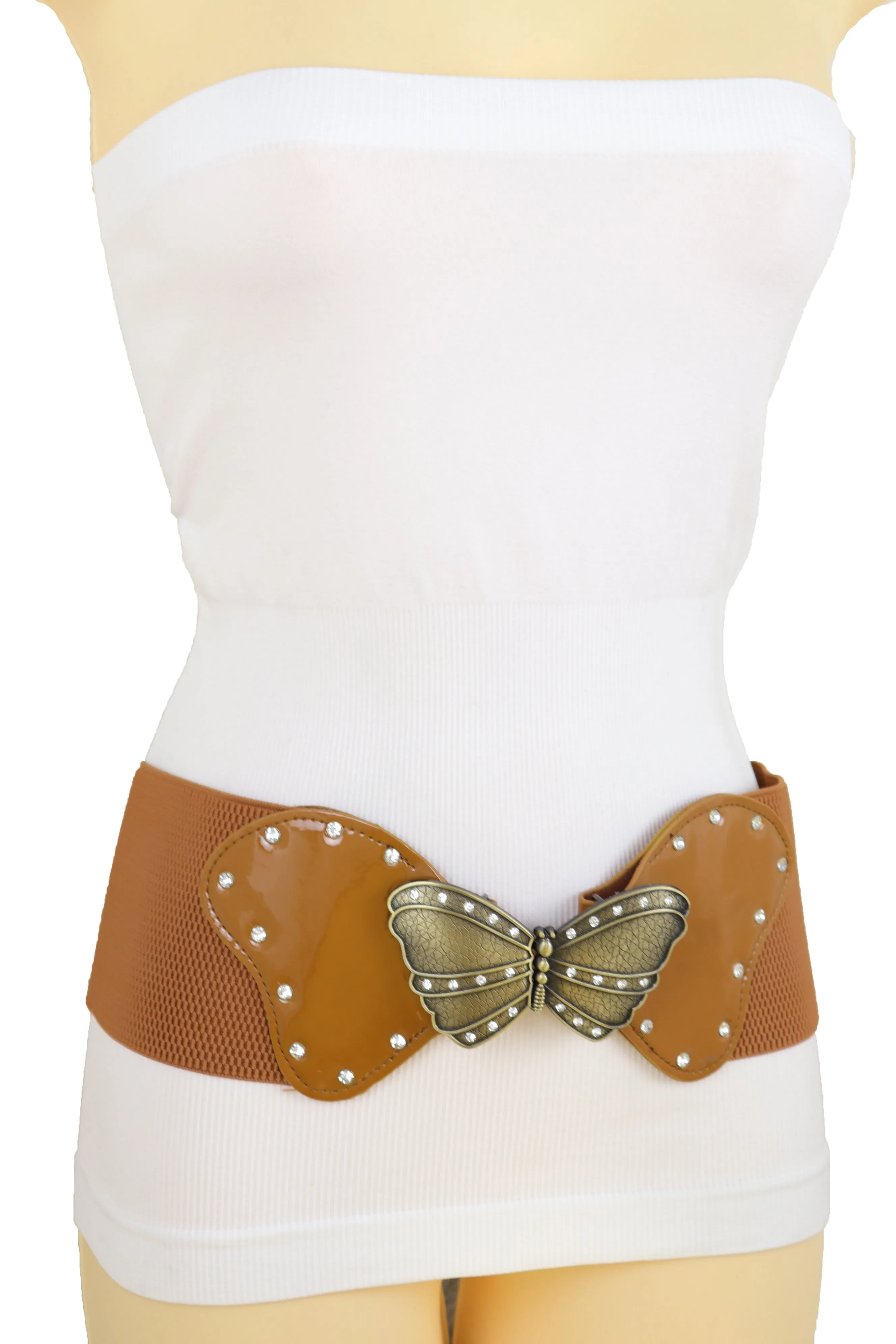 Women Brown Elastic Wide Waistband Fashion Belt Bling Butterfly Buckle Size S M