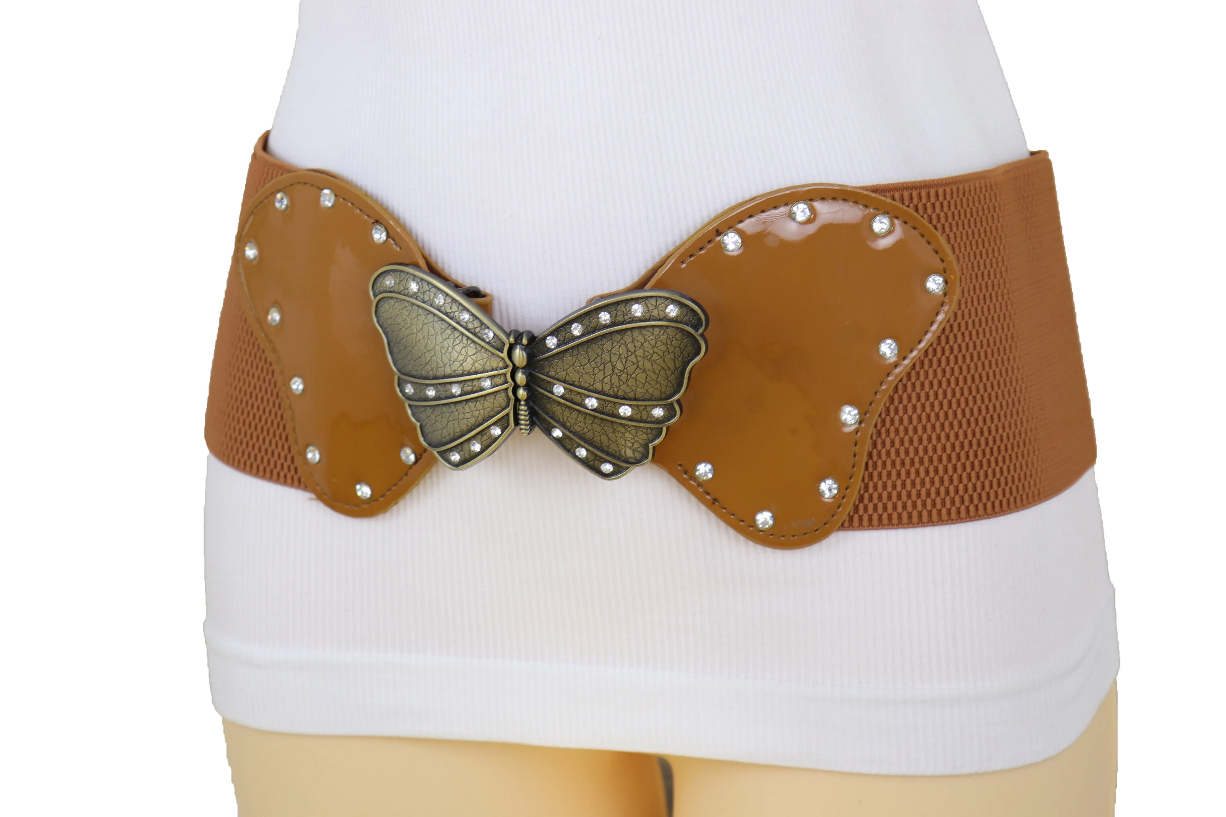 Women Brown Elastic Wide Waistband Fashion Belt Bling Butterfly Buckle Size S M