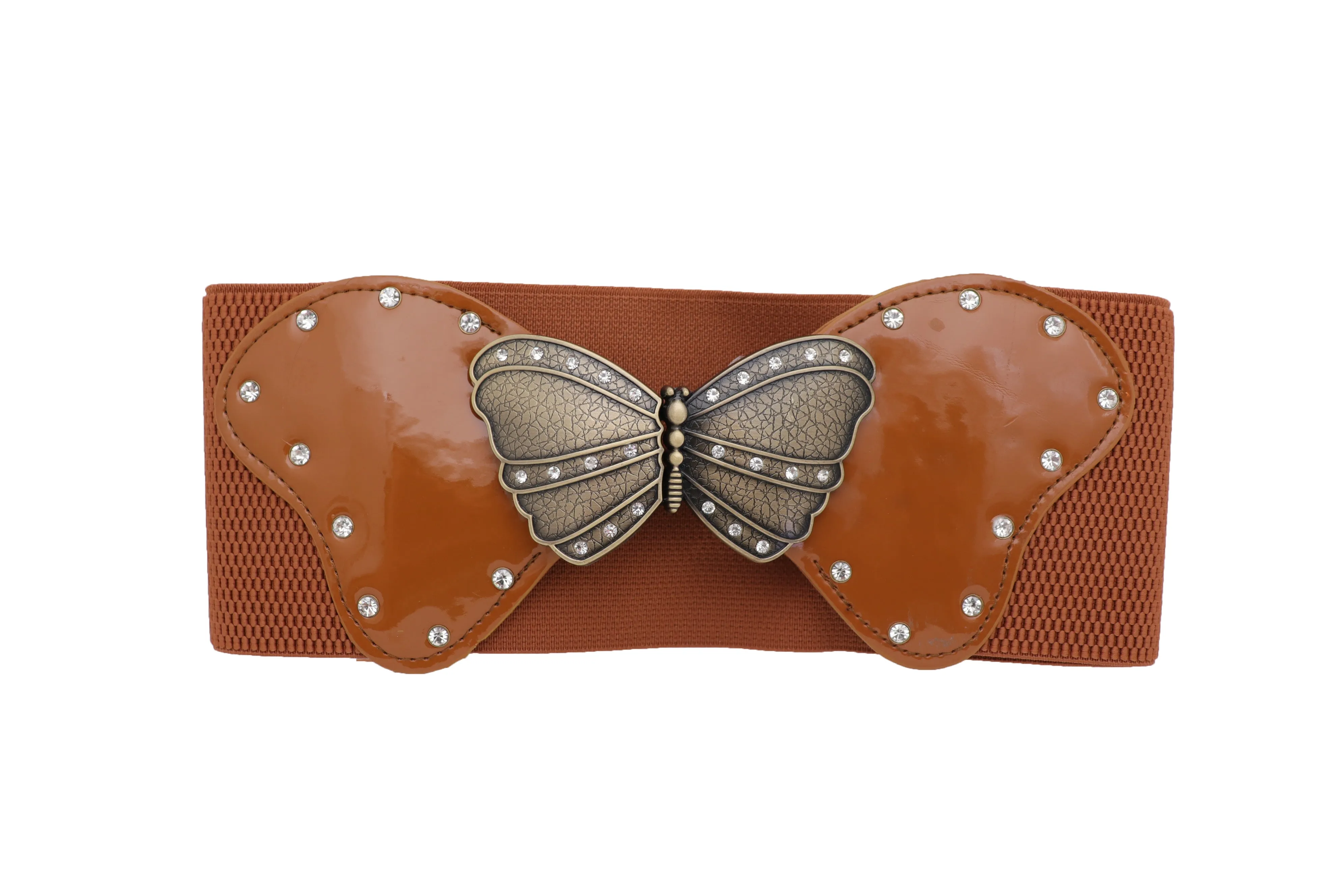 Women Brown Elastic Wide Waistband Fashion Belt Bling Butterfly Buckle Size S M