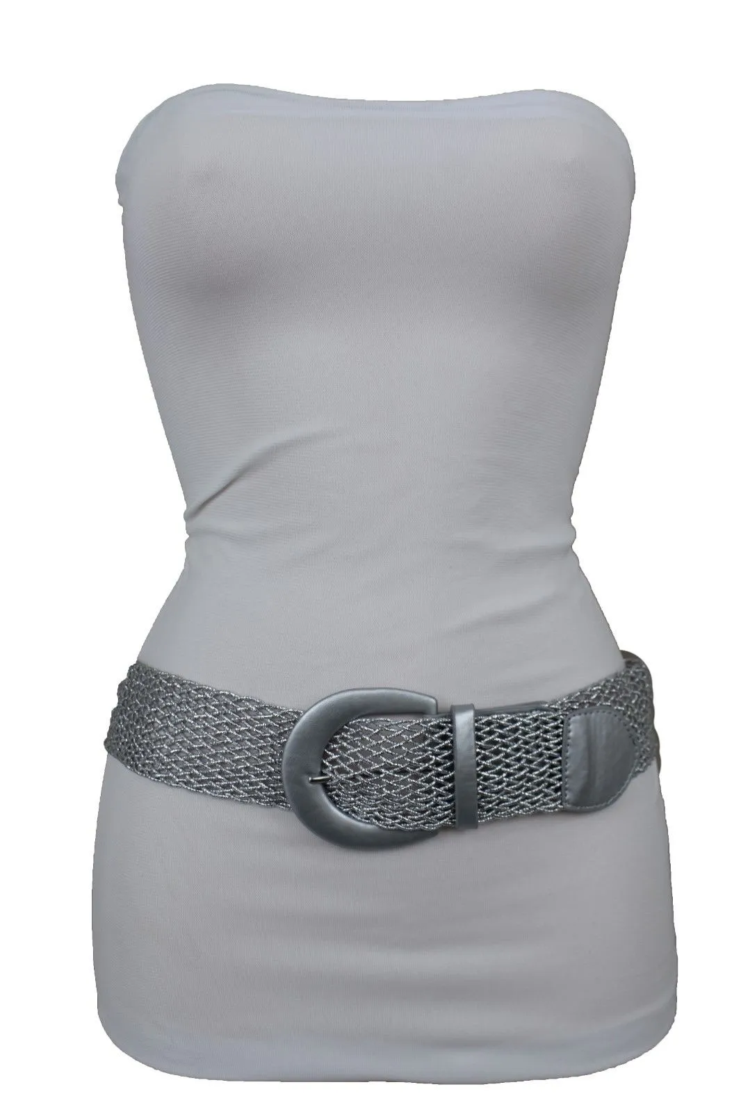 Women Metallic Silver Mesh Fabric Braided Look Casual Fashion Belt Size S M