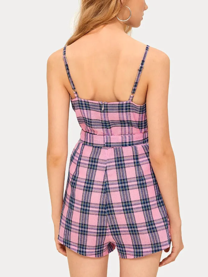 Women Sexy Plaid Sling Short Jumpsuit