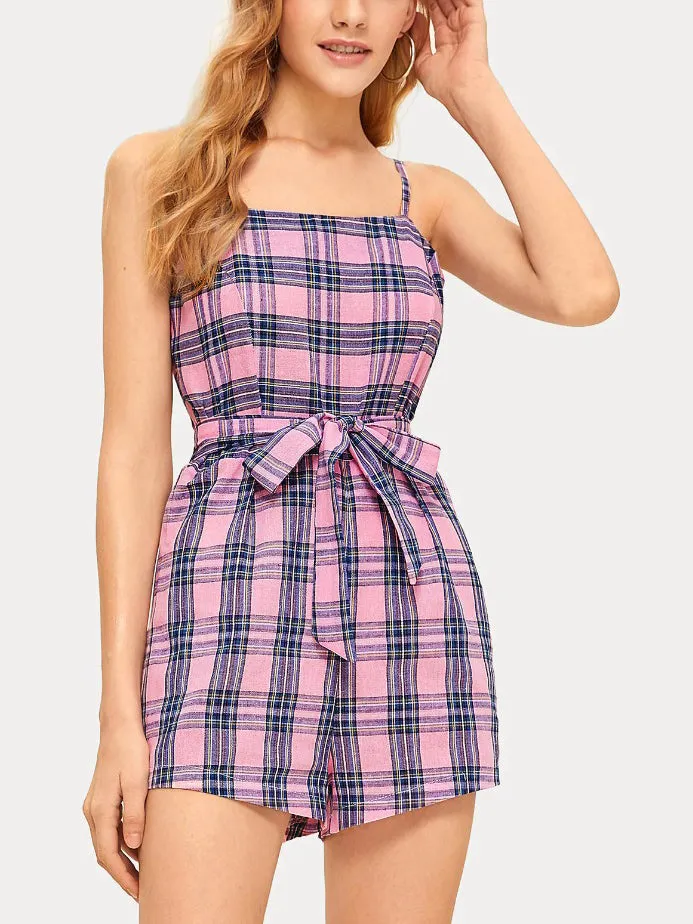 Women Sexy Plaid Sling Short Jumpsuit
