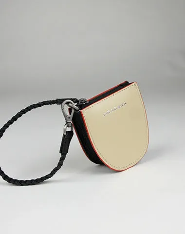 Womens Beige&Black Leather Coin Zip Wallet with Leather Chain Leather Zip Wristlet Purse for Ladies