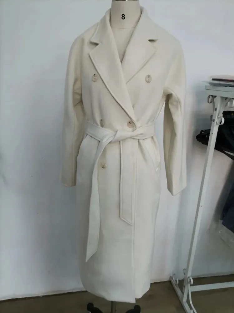 Women's Vintage Long Wool Coat With Belt Solid Double Breasted Chic Winter Overcoat