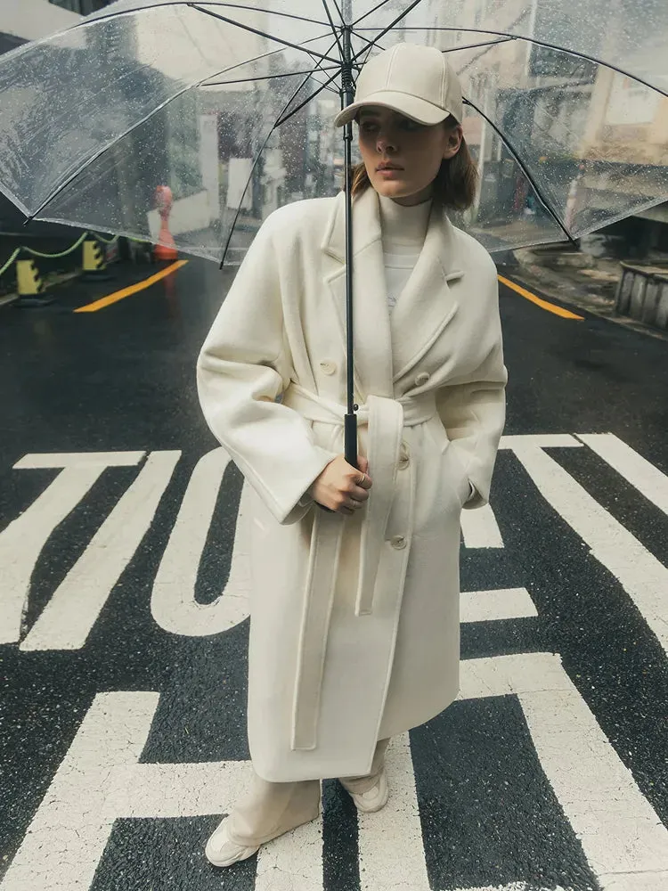 Women's Vintage Long Wool Coat With Belt Solid Double Breasted Chic Winter Overcoat