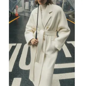 Women's Vintage Long Wool Coat With Belt Solid Double Breasted Chic Winter Overcoat