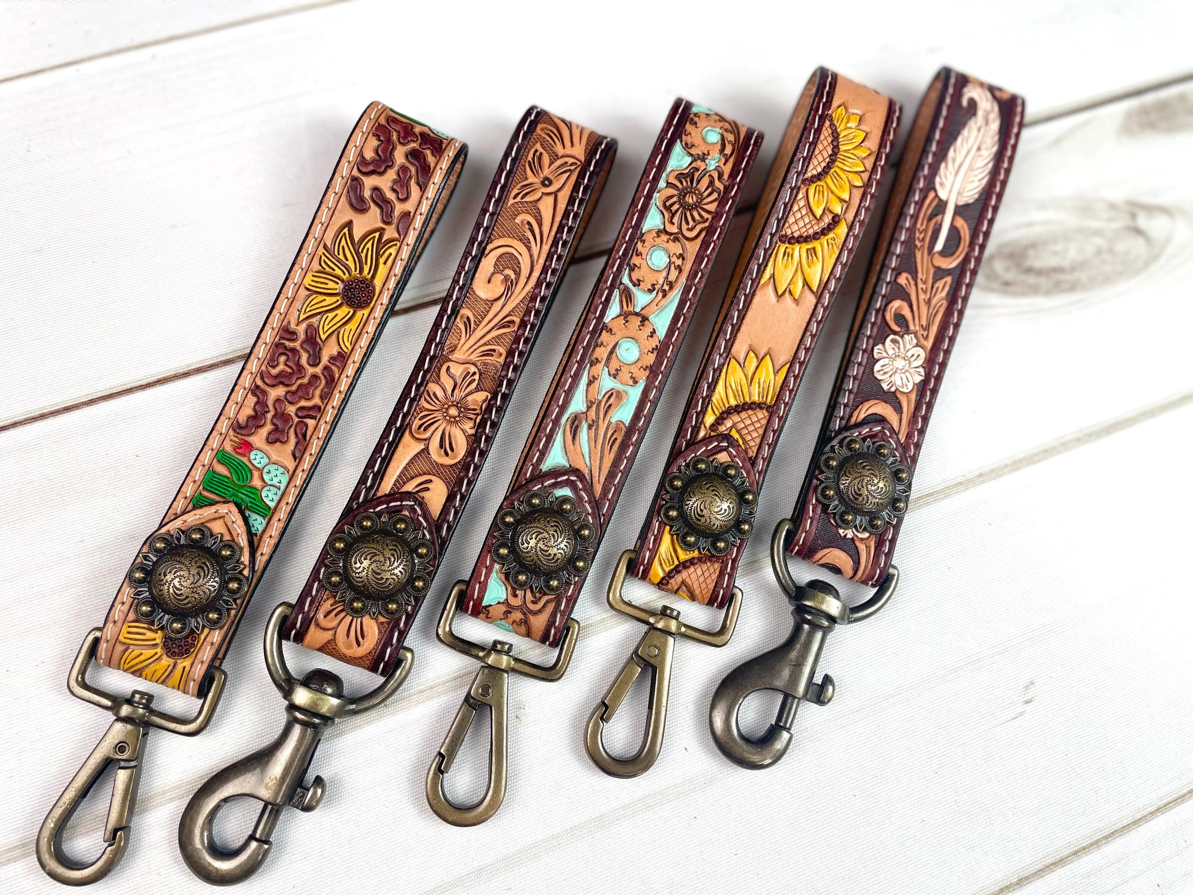 Yellow Sunflower Tooled Wristlet Leather Keychain