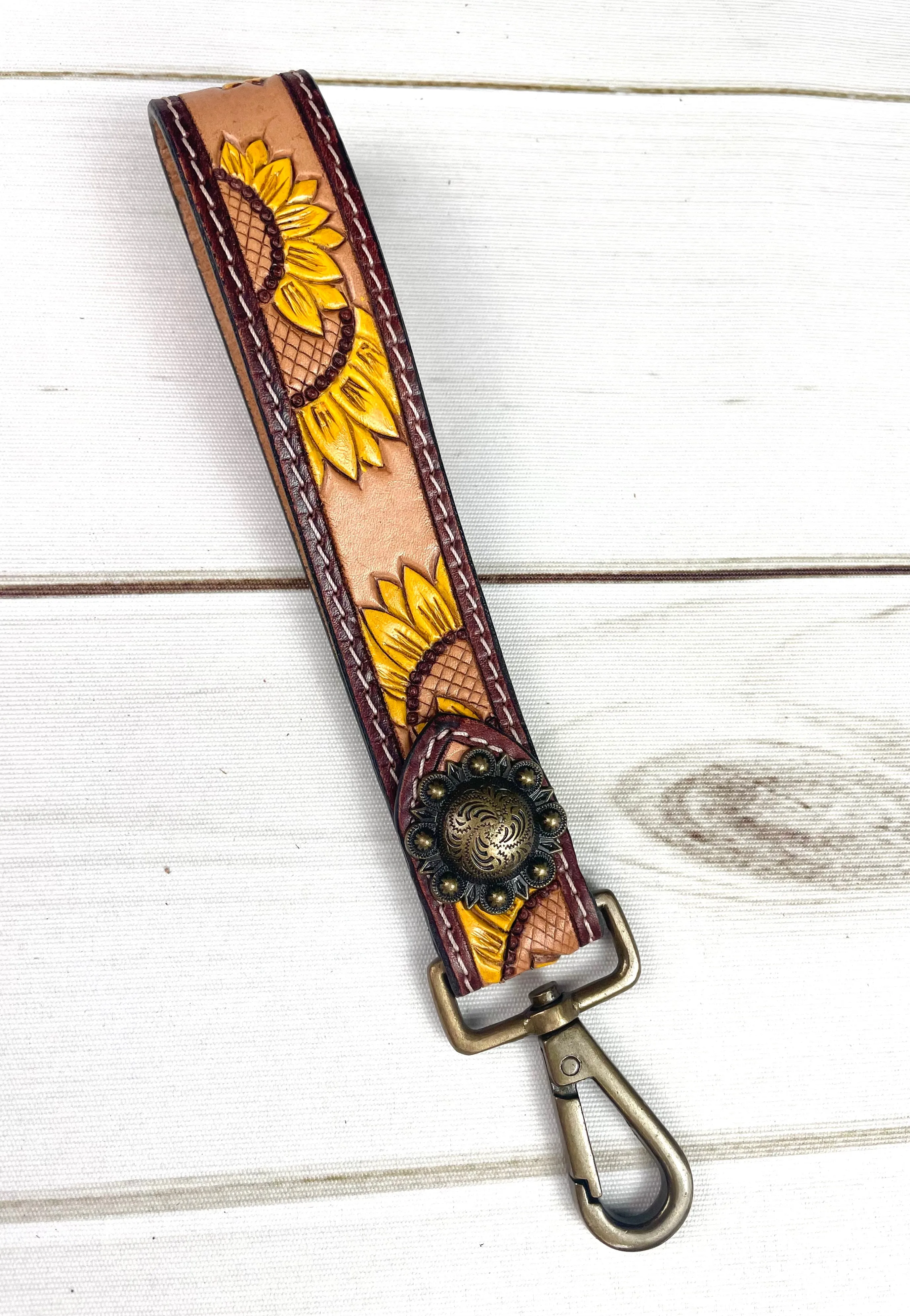 Yellow Sunflower Tooled Wristlet Leather Keychain